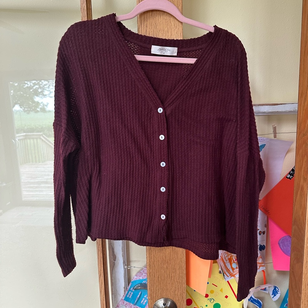 Burgundy Ribbed Knit Cardigan Sweater